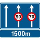 Panneau F89 — Signal de préavis annonçant un danger ou une réglementation qui ne s’applique qu’à une ou plusieurs bandes de circulation d’une chaussée comportant plusieurs bandes de circulation dans le même sens.
